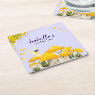 Girls Fairy Purple Mushroom Butterfly Birthday Square Paper Coaster