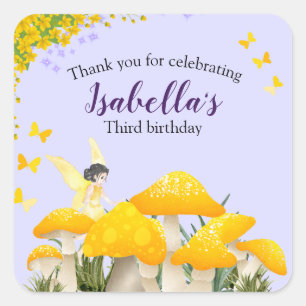 Girls Fairy Purple Mushroom Butterfly Birthday Square Sticker