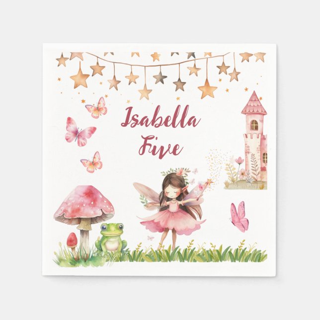 Girls Fairy Tale Castle Frog Mushroom Birthday Napkin (Front)