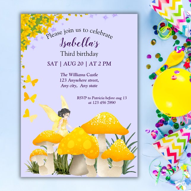 Girls Fairy Yellow Mushroom Butterfly Birthday Invitation (Creator Uploaded)