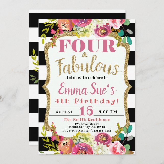 Girl's Fall Floral Four & Fabulous 4th Birthday Invitation (Front/Back)