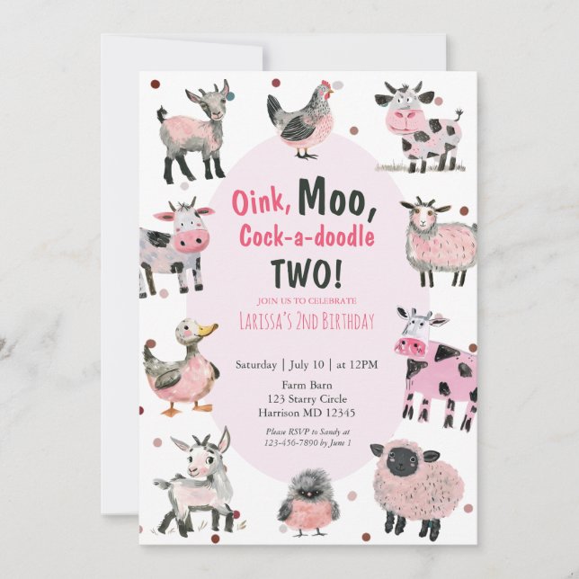 Girls Farm Animal Second Birthday Invitation (Front)