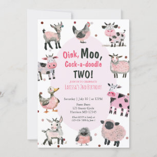 Girls Farm Animal Second Birthday Invitation