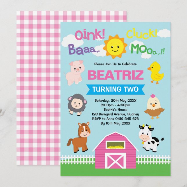 Girls Farm Barnyard Animals Pink Birthday Party Invitation (Front/Back)