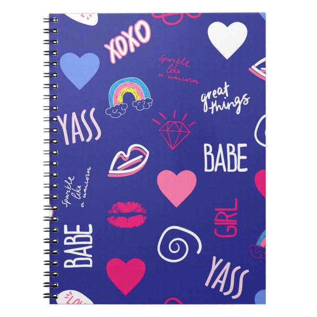 girls fashion seamless pattern with slogan. Hand d Notebook (Front)