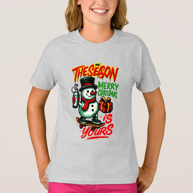 Girls’ Festive Snowman Christmas Adorable Holiday T-Shirt (Front)