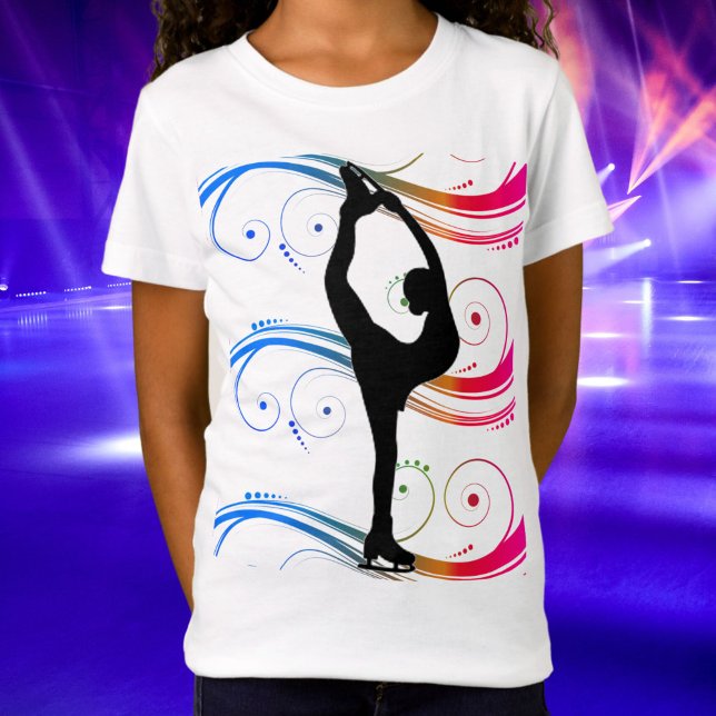 Girls Figure Skating Colourful Swirls T-Shirt (Girls Ice Skating Swirl Tee)