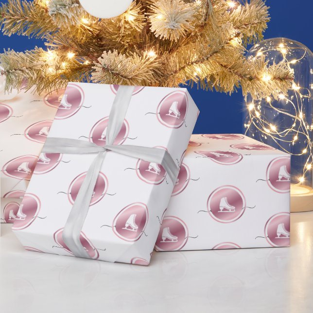 Girls Figure Skating Rose Gold Ice Skates Kid Name Wrapping Paper (Holidays)