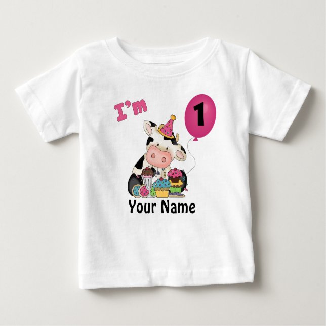Girls First Birthday Cow Baby T-Shirt (Front)
