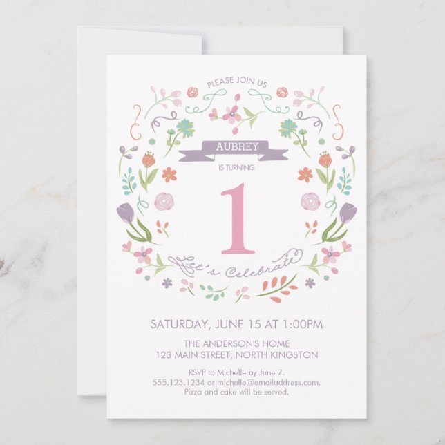 Girl's First Birthday Invitation - Cute Florals (Front)