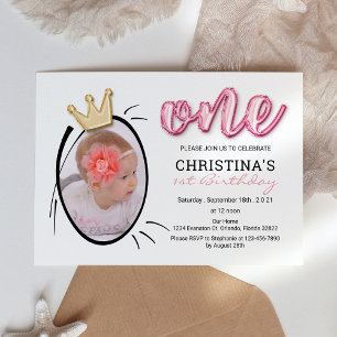 Girls First Birthday Party, Cute Princess Photo Invitation