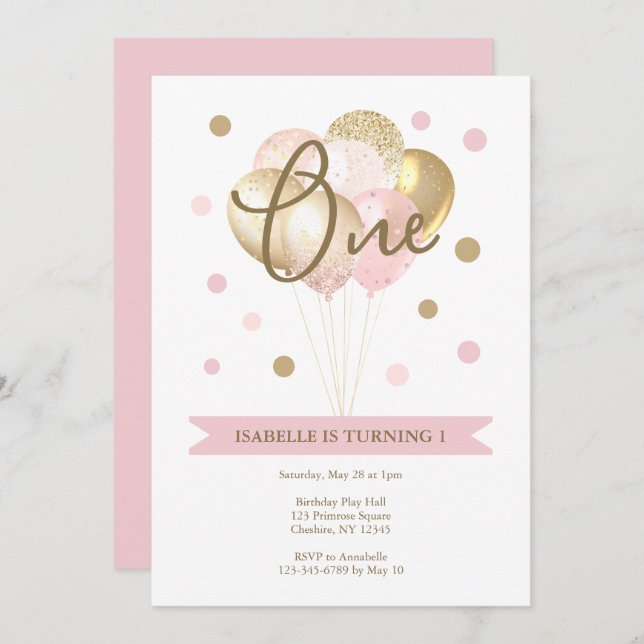 Girl's First Birthday Pink and Gold Party  Invitation (Front/Back)