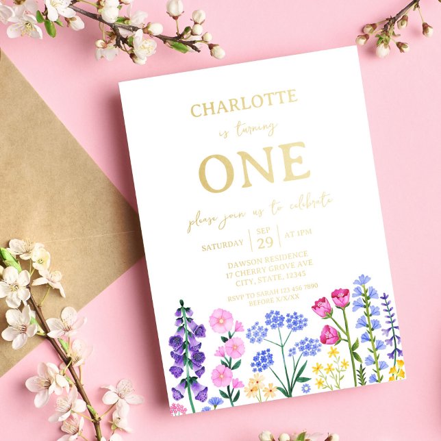Girl's First Birthday Wildflower Garden Party (Girl's First Birthday Wildflower Garden Party Foil Invitation)