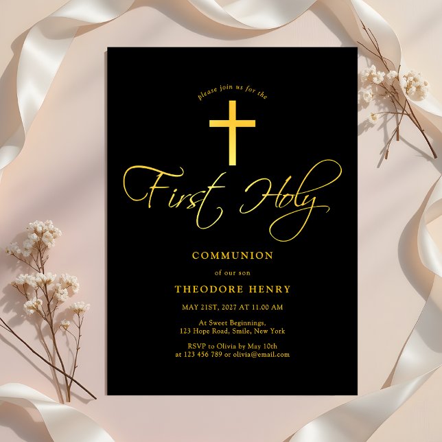 Girls First Communion Black and Gold Invitation (Creator Uploaded)