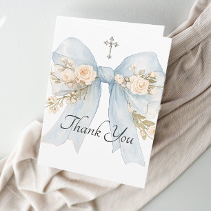 Girl's First Communion Blue Floral Bow Thank You Card