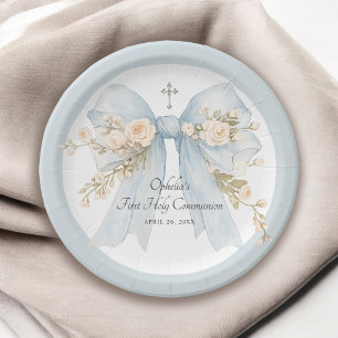 Girl's First Communion Dusty Blue Floral Bow Paper Plate