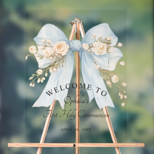 Girl's First Communion Floral Dusty Blue Bow Acrylic Sign