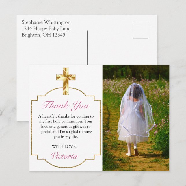 Girls First Communion Gold Cross Photo Thank You Postcard (Front/Back)