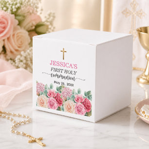Girl's First Communion Gold Cross Roses Floral  Favour Box