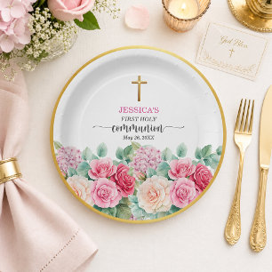 Girl's First Communion Gold Cross Roses Floral Paper Plate