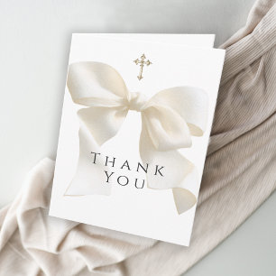 Girl's First Communion Neutral Ivory Bow Thank You Card