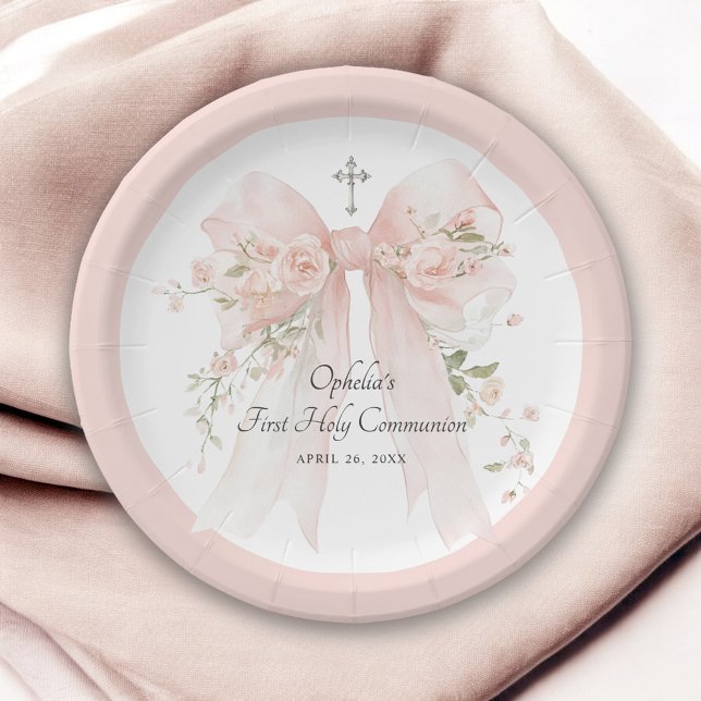 Girl's First Communion Pink Bow Floral Paper Plate (Creator Uploaded)