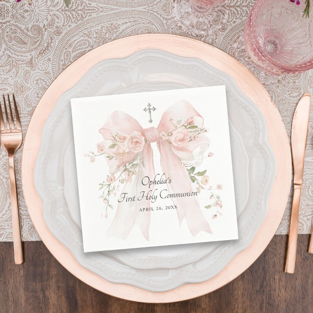 Girl's First Communion Pink Floral Bow Napkin (Creator Uploaded)