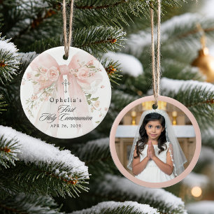 Girl's First Communion Pink Floral Bow Photo Ceramic Tree Decoration