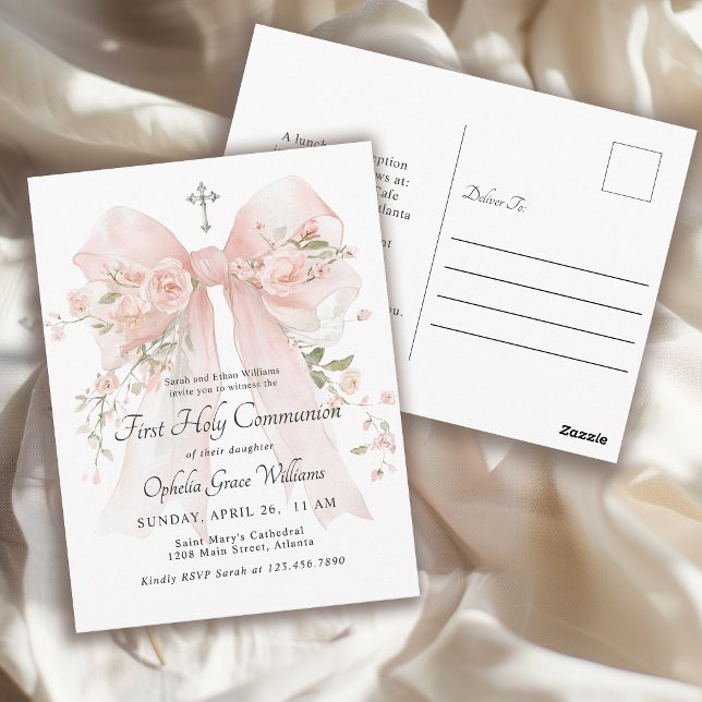 Girl's First Communion Pink Floral Bow Postcard (Creator Uploaded)
