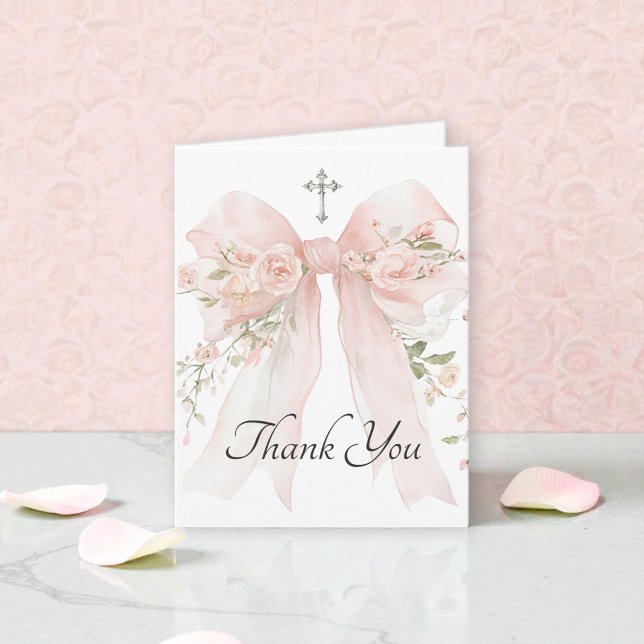 Girl's First Communion Pink Floral Bow Thank You Card (Creator Uploaded)