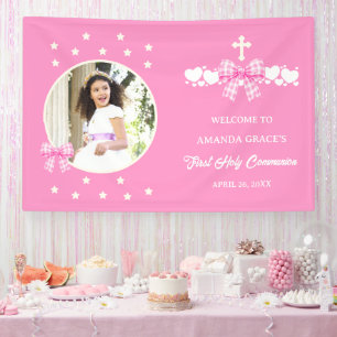 Girl's First Communion Pink Gingham Bow Photo Banner