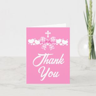 Girl's First Communion Pink Gingham Bow Thank You Card