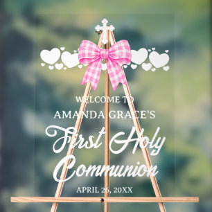 Girl's First Communion Pink Gingham Bow Welcome Acrylic Sign