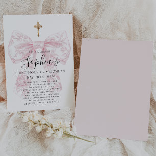 Girl's First Communion Pink Toile Bow Cross Invitation