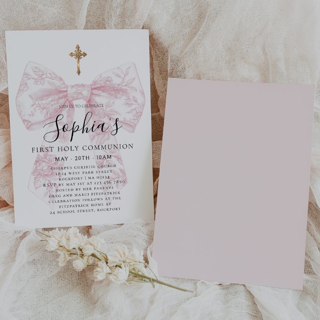Girl's First Communion Pink Toile Bow Cross  Invitation (Creator Uploaded)