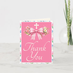 Girl's First Communion Pink Wildflower Bow  Thank You Card