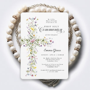 Girl's First Communion Wildflower Floral Cross Invitation