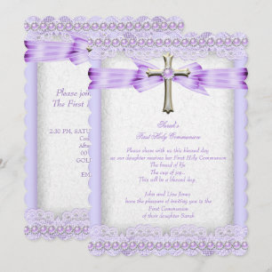 Girls First Holy Communion Cross Pretty Lavender Invitation