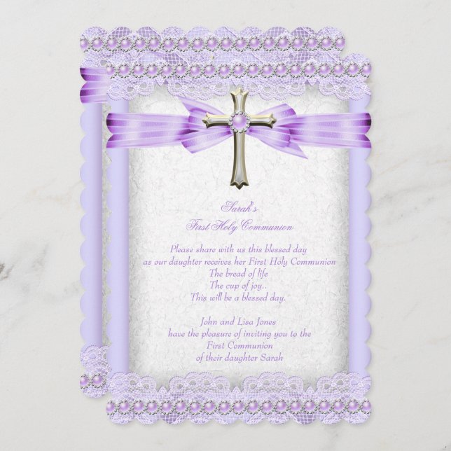 Girls First Holy Communion Cross Pretty Lavender Invitation (Front/Back)