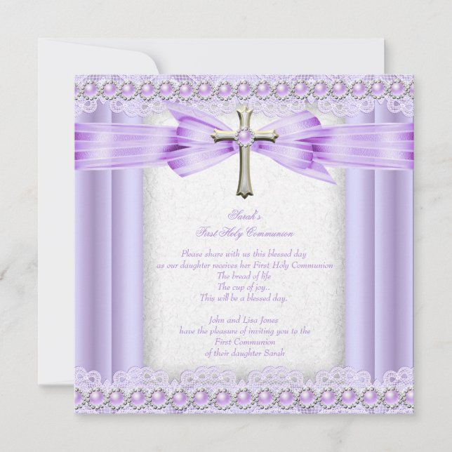 Girls First Holy Communion Cross Pretty Lavender Invitation (Front)