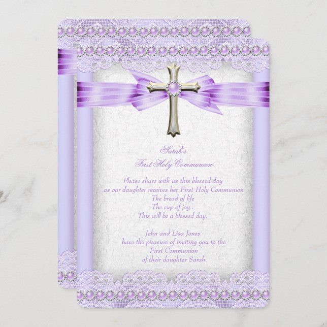 Girls First Holy Communion Cross Pretty Lavender Invitation (Front/Back)