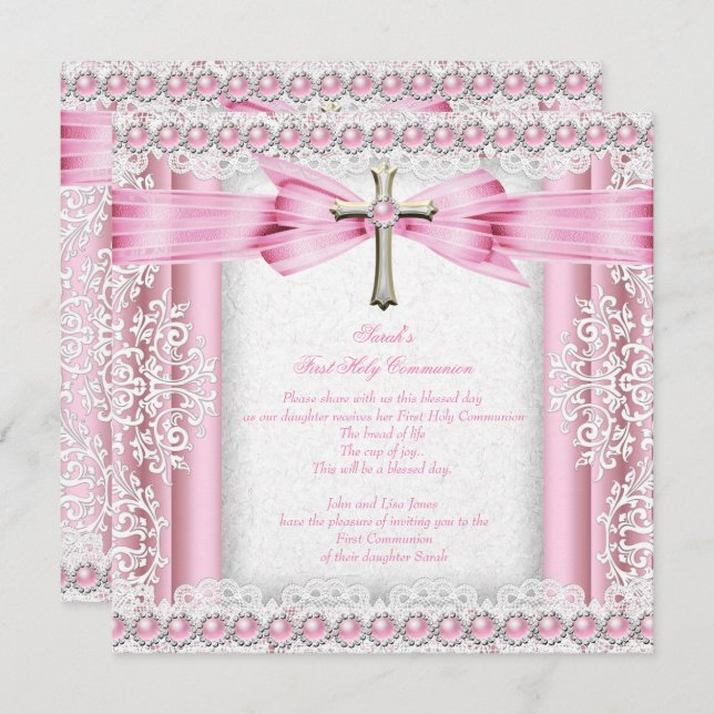 Girls First Holy Communion Cross Pretty Pink Invitation (Front/Back)