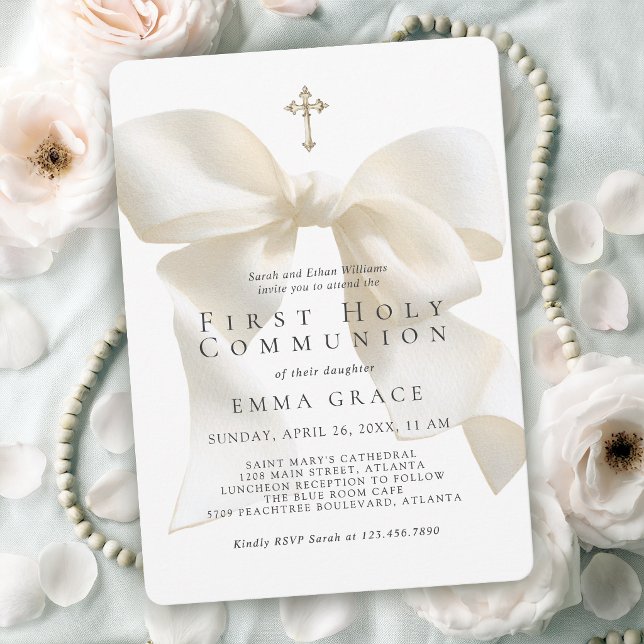 Girl's First Holy Communion Elegant Ivory Bow Invitation (Invitation may be ordered in both printed and digital formats.)
