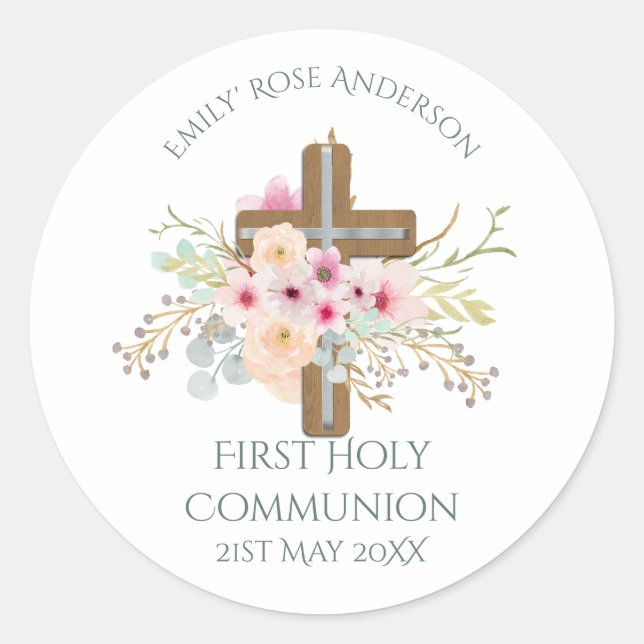 Girls First Holy Communion Floral Cross Customised Classic Round Sticker (Front)