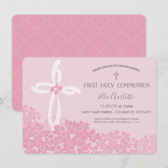 Girl's First Holy Communion Invitation, Floral Invitation (Front/Back)