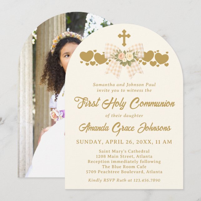 Girl's First Holy Communion Ivory Gingham Bow Invitation (Front/Back)