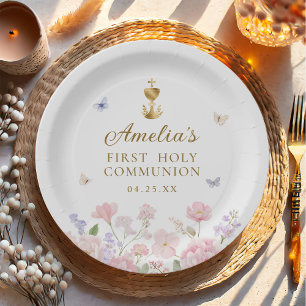 Girl's First Holy Communion Pastel Floral Paper Plate