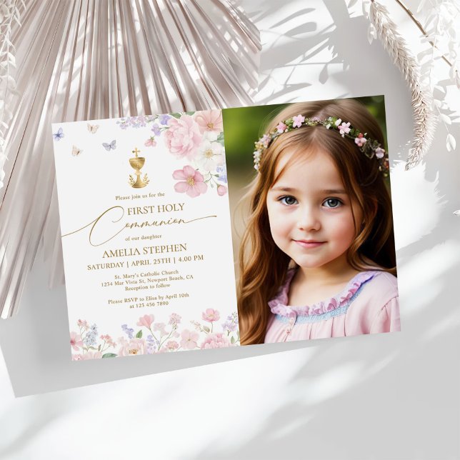 Girl's First Holy Communion Pastel Floral Photo Invitation (Creator Uploaded)