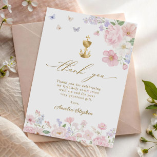 Girl's First Holy Communion Pastel Floral Thank You Card