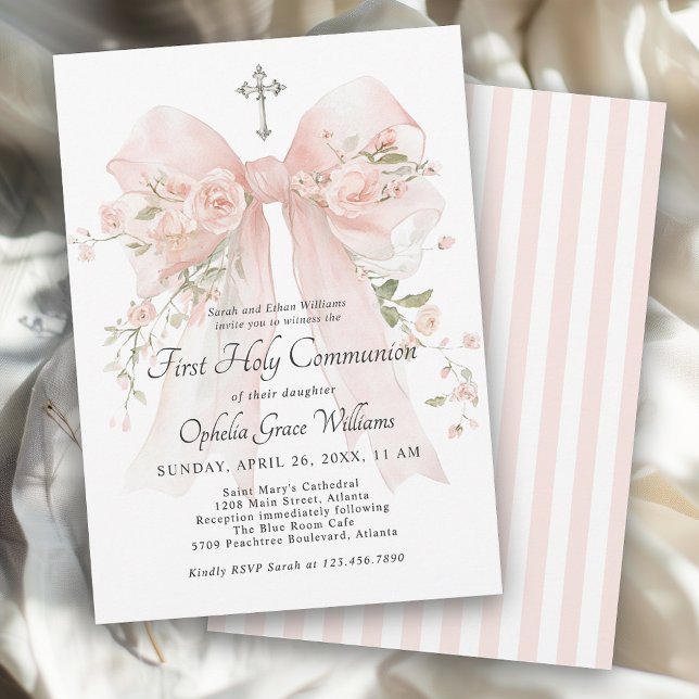 Girl's First Holy Communion Pink Floral Bow Invitation (Available in both printed and instant download digital formats.)